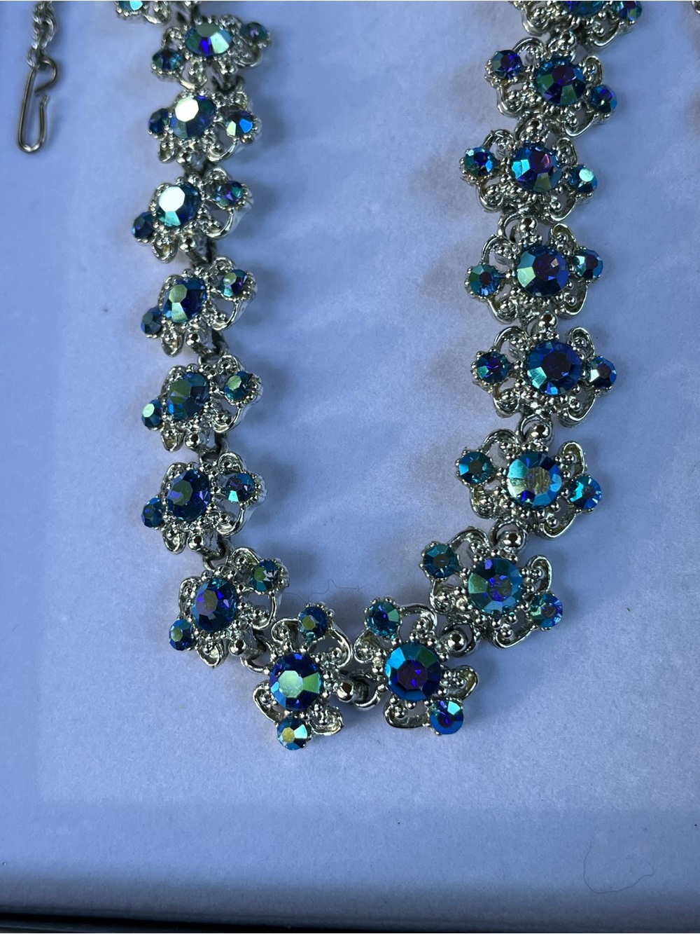 Blue Aurora Crystal Floral Necklace-Silver tone-Jewelry